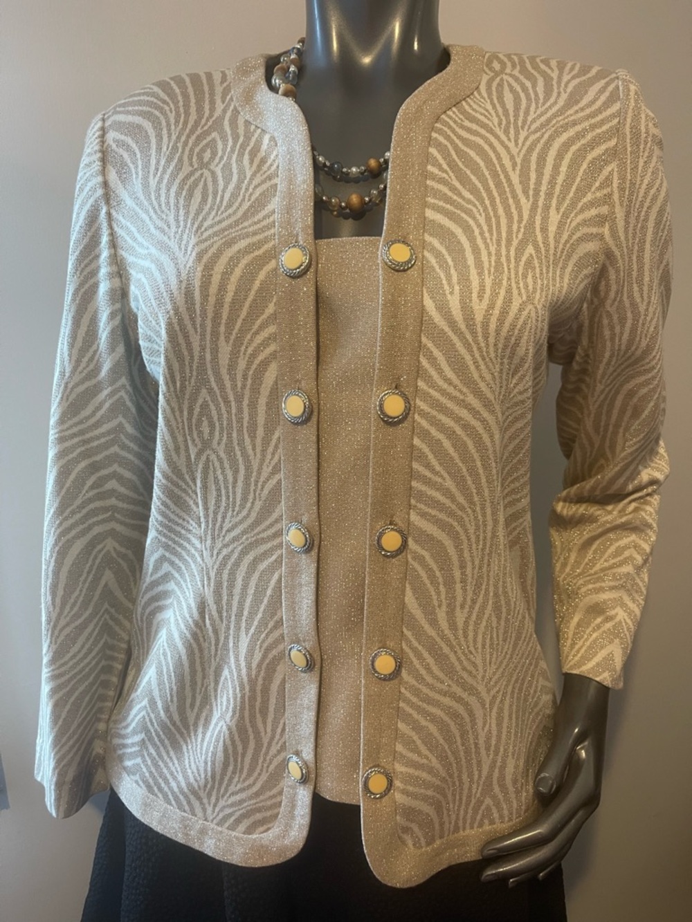 Leslie Fay Beige Shimmering Zebra-Print Cardigan with Gold-Tone Buttons